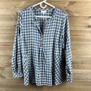 J Jill Womens Shirt Gingham Plaid Check Henley Blouse Popover Preppy Medium